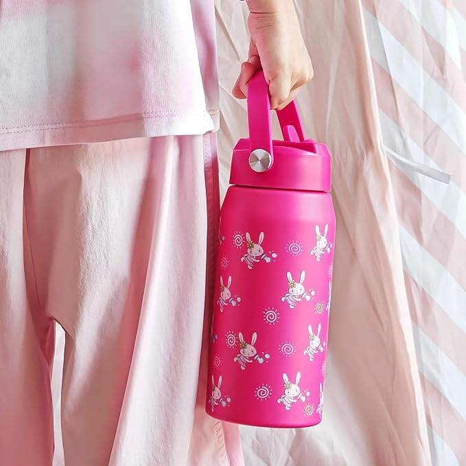 OLDLEY kids Water Bottle - 18oz Insulated Stainless Steel - Wide Straw Lid, Non Spill, Leakproof, Kids Water Bottle for School,Pink Bunny