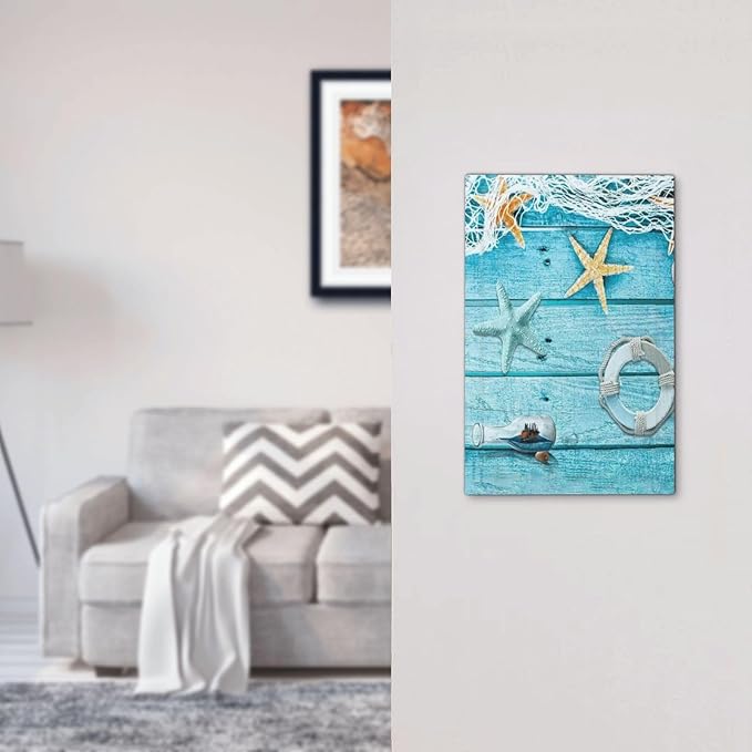 Turquoise Teal Fishing Net Wood Plank 1 Gang No Device Wall Plate Decorative Blank Light Switch Cover Switchplate Electrical Faceplate for Bathroom Home Bedroom Art Decor