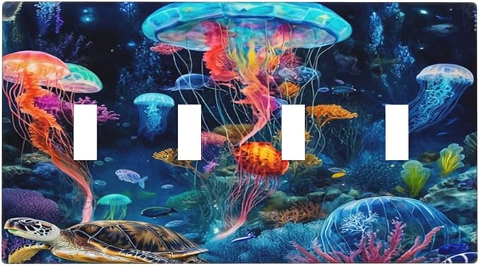 Jellyfish Sea Turtle Fantasy Ocean Coral Underwater World Light Switch Covers Quad Toggle Electrical Faceplate 4 Gang Wall Plate Decorative Switch Plates for Nursery Kids Room Decor