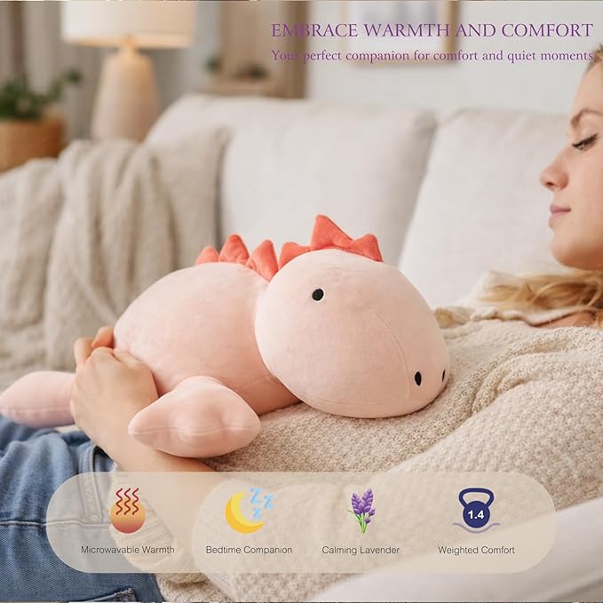 KOWSI® Microwavable Heating Pad Pink Stegosaurus Plush - 1.4 Lb Weighted Stuffed Animal Toy with Tourmaline Beads & Lavender - 16" Squished Long Dinosaur Pillow - Lumbar Back Cushion Lasting Warmth