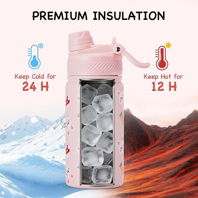 Fijinhom 12 oz Kids Water Bottle, 2-in-1 Stainless Steel Vacuum Insulated Water Bottle for Toddler, Leak Proof Spout & Straw, Double Wall Thermal Flask for Boys&Girls, School, Outdoor, Travel (Rabbit)