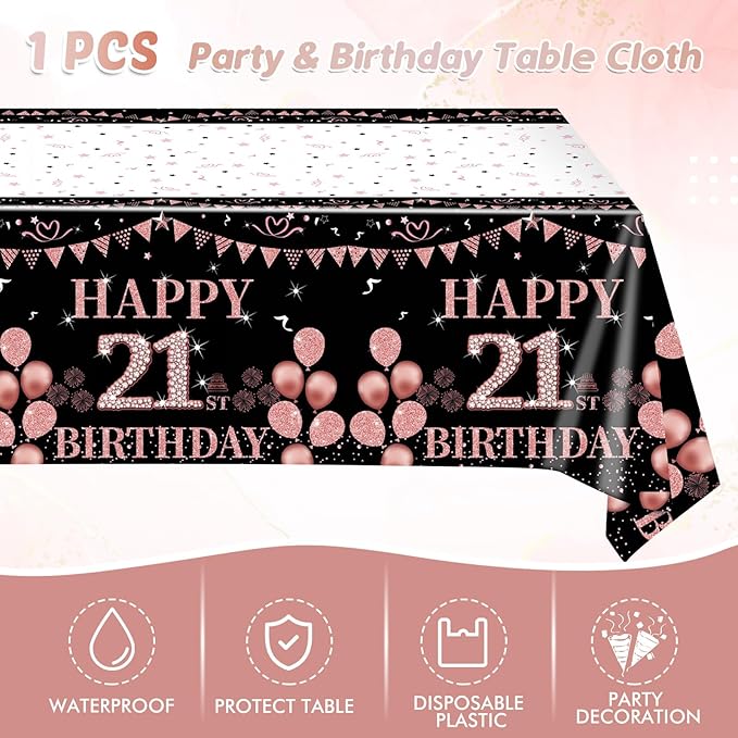 Ryzovo 41Pcs 21st Birthday Tableware Decorations for Women Girls Rose Gold Happy 21 Birthday Party Supplies for Her Includes Tablecloth,Plates,Napkins for Sweet Girls 21st Birthday Party