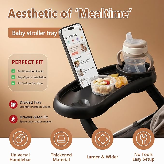 Li&Zhao Universal Stroller Snack Tray 3-in-1 Detachable Stroller Snack Tray Attachment with Secure Phone Holder, Spill-Proof Cup Holders Compartments, Easy-Clean Universal Snack Tray for Stroller
