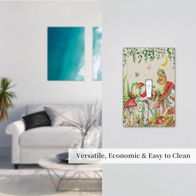 Decorative Light Switch Cover Boho Mushrooms Frogs Butterflies Flowers Moon Stars 1 Gang Single Toggle Decorator Outlet Wall Plate Device Electrical Faceplate Switchplates for Kids room