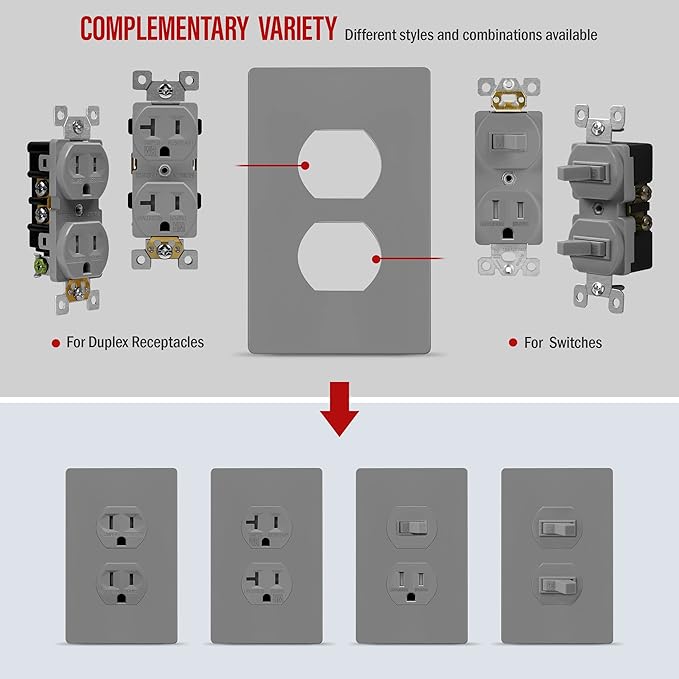 ENERLITES SI8821-GY Duplex Outlet Receptacle Cover, Screwless Wall Plate, Standard Size, 1-Gang 4.68" x 2.93", Unbreakable Polycarbonate Thermoplastic, UL Listed, SI8821-GY-10PCS, Gray, 10 Pack