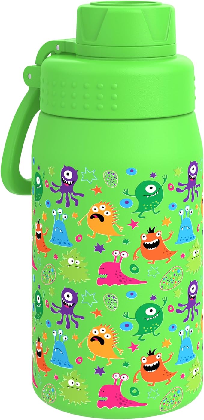 GOPPUS 15oz Kids Water Bottle with Spout Lid, Toddler Water Bottle, Stainless Steel Insulated Water Bottle, Leakproof, BPA Free, Suitable for Boys and Girls for School（Monsters）