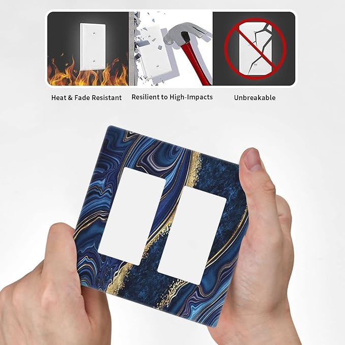 Navy Blue Marble Light Switch Cover 2 Gang Rocker Decorative Double Decor Wall Plate Electrical Switchplate GFCI Faceplate for Boys Men Bathroom Kitchen Home Art Panel Decor Screwless 4.7" x 4.6