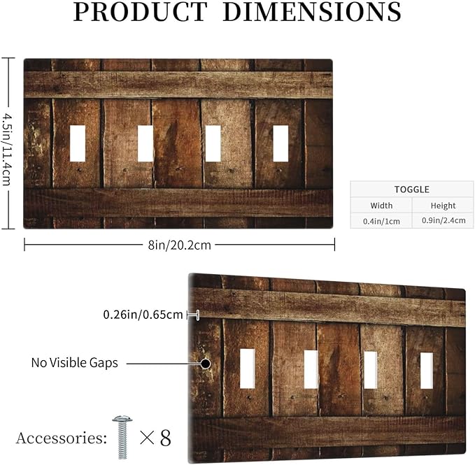 Brown Wooden Barn Door Old Wood Print Light Switch Covers Quad Toggle Electrical Faceplate 4 Gang Wall Plate Decorative Switch Plates for Farmhouse Home Decor