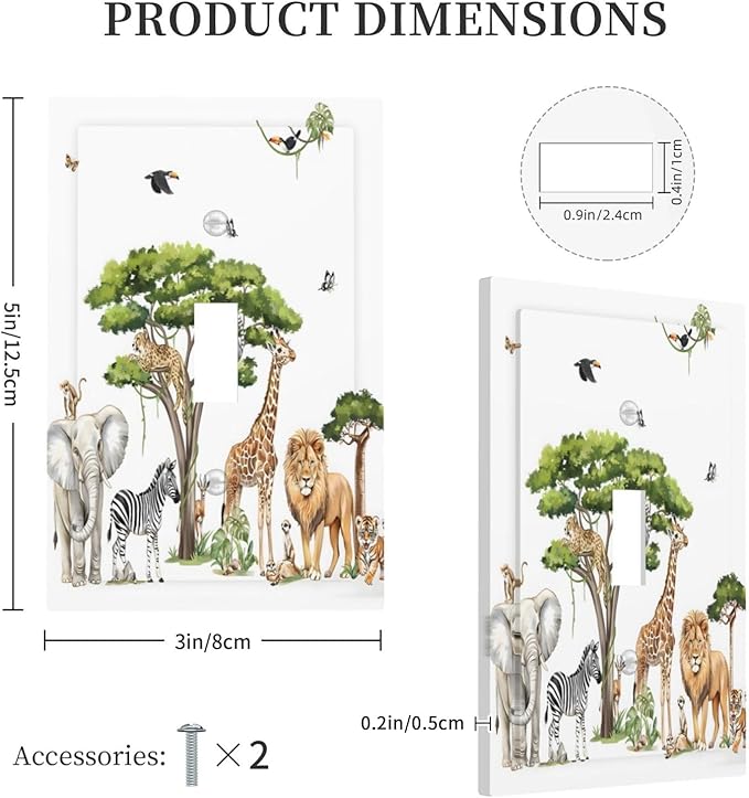 Large Animals Elephant Giraffe Jungle Lion Leopard Zebra Decorative Light Switch Cover 1 Gang Single Toggle Device Electrical Faceplate Switchplates Decorator Outlet Wall Plate for Kids Room Nursery
