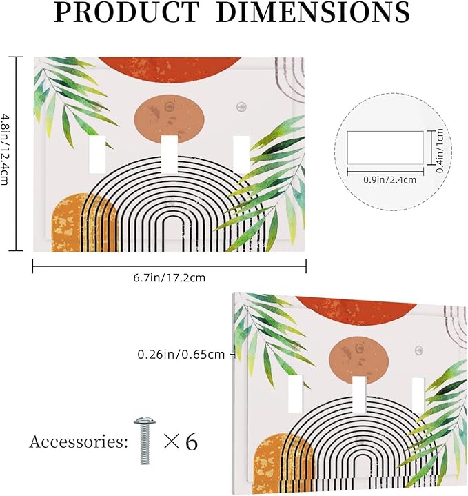 Modern Bohemian Abstract Green Leaf Triple Toggle Decorator Outlet Light Switch Wall Plate Cover Red Boho Sun Middle Century Minimalist Jumbo Decorative 3 Gang Three Device Receptacle Faceplate Cover