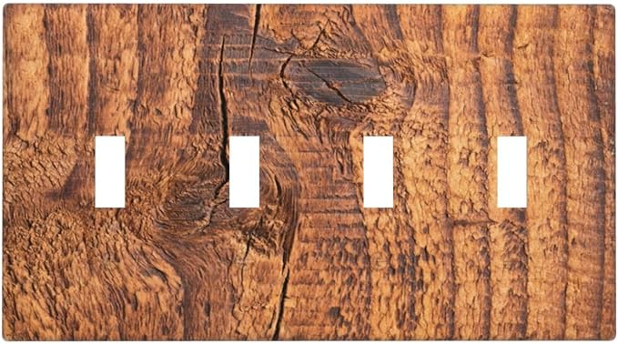 Brown Wood Grain Rustic Natural Burl Print Light Switch Covers Quad Toggle Electrical Faceplate 4 Gang Wall Plate Decorative Switch Plates Cover for Farmhouse Home Decor