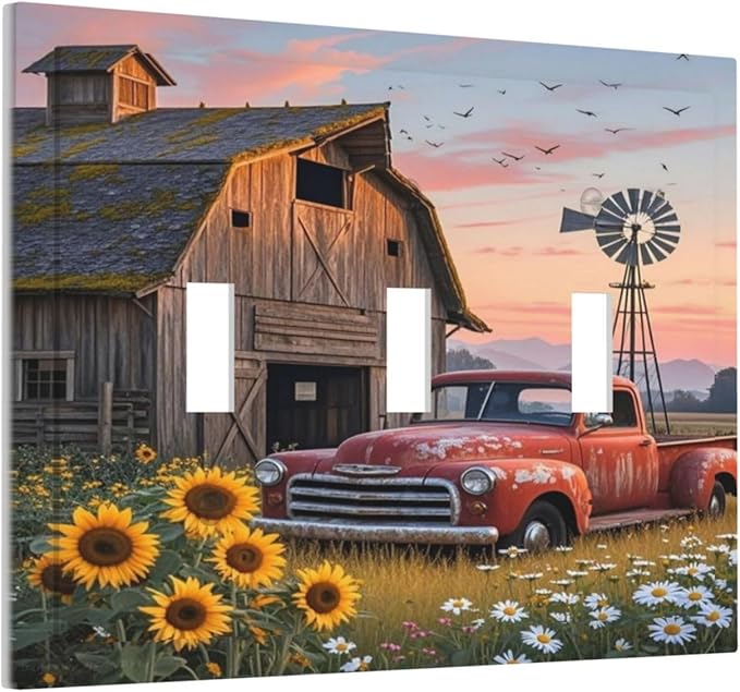 Rustic Barn Red Truck Windmill Sunflower Decorative Switch Plates 3 Gang Wall Plate Triple Toggle Light Switch Cover Faceplate Electrical Wall Panels for Farmhouse Home Decor
