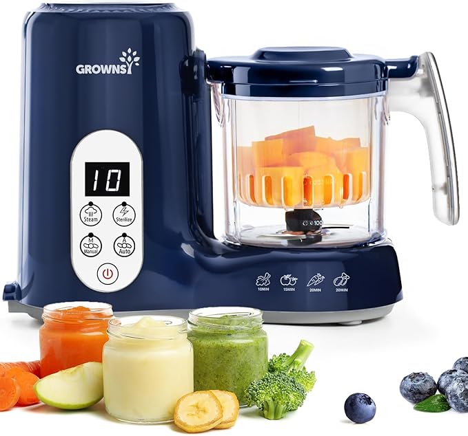 Grownsy Baby Food Maker with Steam Basket, One Step Baby Food Processor Steamer Puree Blender Grinder Mills Machine, Auto Cooking Grinding and Sterili-zing for Healthy Homemade Baby Food, Dark Blue