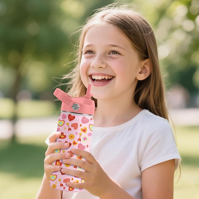 Heart Gifts for Kids - 16 Oz Kids Water Bottle with Straw Lid, Stainless Steel Insulated Tumbler, Leak Proof, BPA-Free, for Girls, School, Travel - Heart Pattern Children Birthday Gifts Cups(1pc)