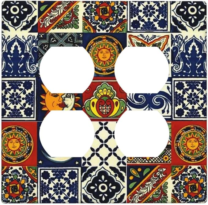 Boho Hippie Sun and Moon Mexican Talavera Tile 2-Gang Device Duplex Wall Plate, Mysterious Hippy Moroccan Tiles Decorative Two Gang Double Duplex Receptacle Socket Outlet and Light Switch Cover Plate