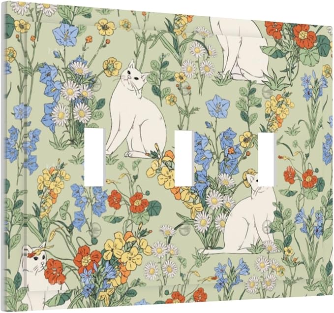 Decorative Switch Plates Vintage Floral Cute Cat Colorful Flowers 3 Gang Wall Plate Triple Toggle Light Switch Cover Faceplate Electrical Wall Panels For Bed Room Living Room Decor