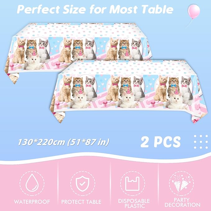 Ryzovo Cat Birthday Party Supplies,62pcs Cat Party Decorations&Tableware Set-Kitten Birthday Party Decorations Dinner Plates Dessert Plates Napkins Tablecloth etc Cat Themed Birthday Party Supplies