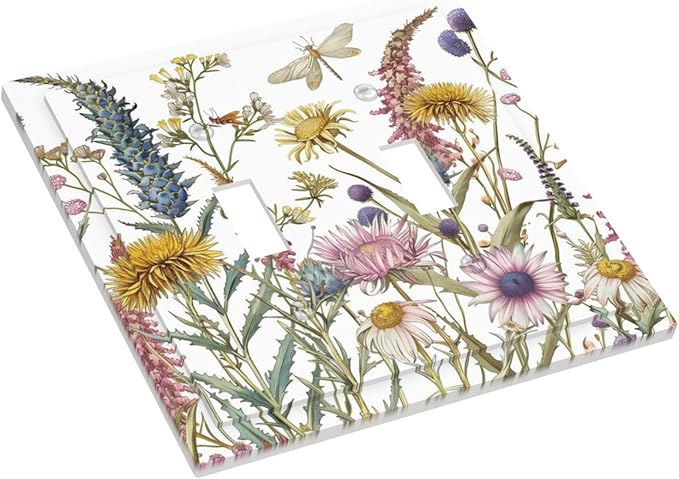 Light Switch Cover Plate Botanical Wildflowers Dragonfly Colorful Floral 2 Gang Double Toggle Decorative Switch Plates Wall Plates Electrical Faceplate for Bathroom Bedroom Decor