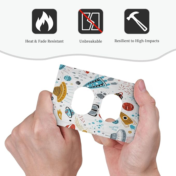 Cartoon Space Rocket Boys Universe Planet 1 Gang Outlet Plate Decorative Single Duplex Wall Plate Covers Unique Electrical Receptacle Light Switch Cover Art Faceplate Switchplate for Kidroom Decor