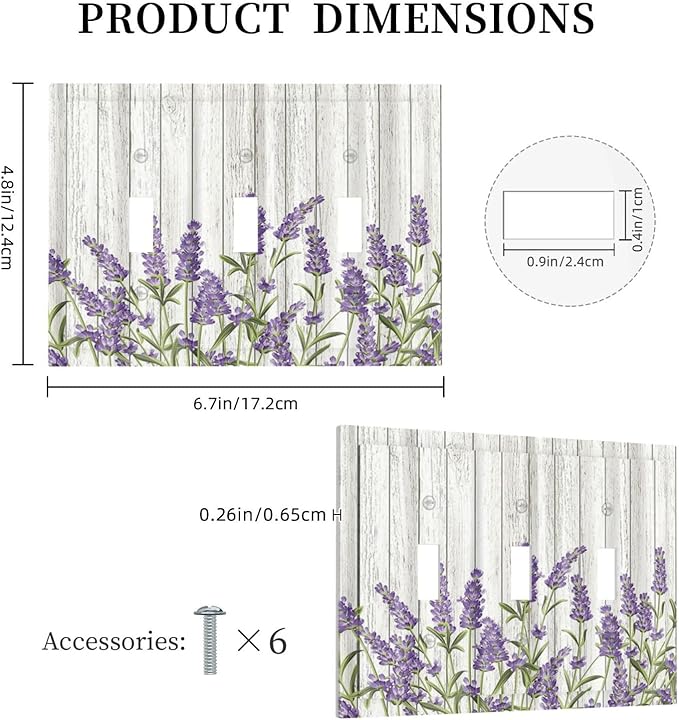 Rustic Wooden Plank Lavender 3 Gang Light Switch Cover Triple Toggle Wall Plates Decorator Receptacle Outlet Covers Electrical Switchplate Faceplate for Bedroom Bathroom Kitchen Decor