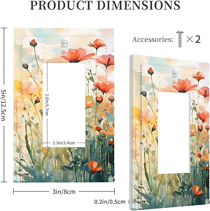 Vintage Red Orange Yellow Poppy Floral Flowers Decorative Outlet Covers 1 Gang Single Rocker Light Switch Cover Plate Wall Plates GFCI Faceplate for Bedroom Living Room Decor