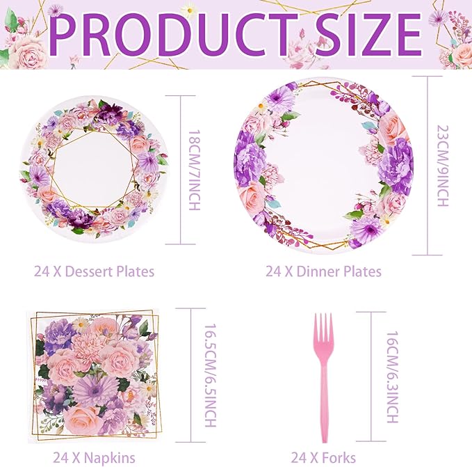 Grencian 96Pcs Spring Floral Party Supplies Pink Purple Flowers Paper Plates and Napkins Disposable Spring Floral Tableware Set for Mother’s Day Tea Party Wedding Bridal Shower Baby Shower, Serves 24