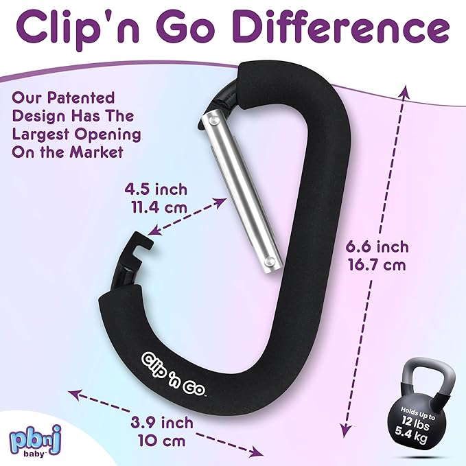 PBnJ baby Stroller Hooks for Hanging Diaper Bags - Mommy Stroller Clip and Stroller Accessories Organizer Hook - Large Carabiner Clips for Mom Purse Shopping Grocery Bag and Accessory - (1 Pack)