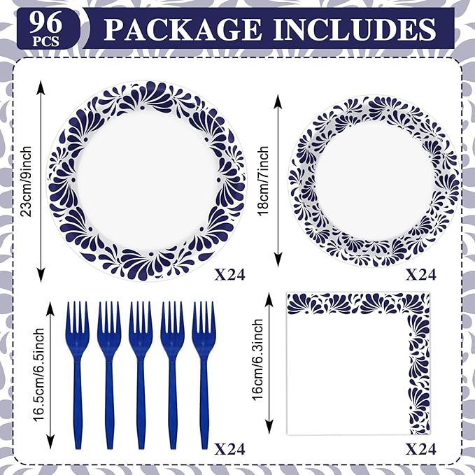 96 Pcs De Barro Mexican Talavera Paper Plates and Napkins Party Supplies White Blue Floral Clay Disposable Tableware Set Talavera Party Decorations for Fiesta Wedding Baby Shower Favors for Serves 24