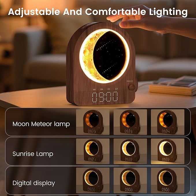 Sunrise Alarm Clock, White Noise Machine & Meteor Moonlight - 10 Soothing Sounds, Dual Alarms, 30/60/90min Timer, Easy Snooze - Bedroom Gift for Insomnia Adults/Women - Walnut