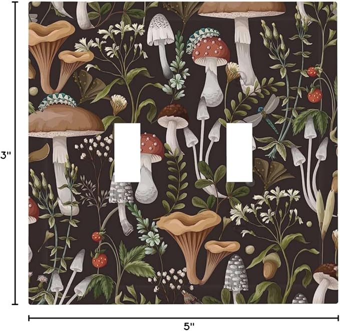 Funky Retro Vintage 70s 60s Boho Hippie Mushroom Botanical Floral 2 Gang Double Toggle Light Switch Wall Plate Outlet Cover Electrical Faceplate Switchplate Countryside Rural Bathroom Decor