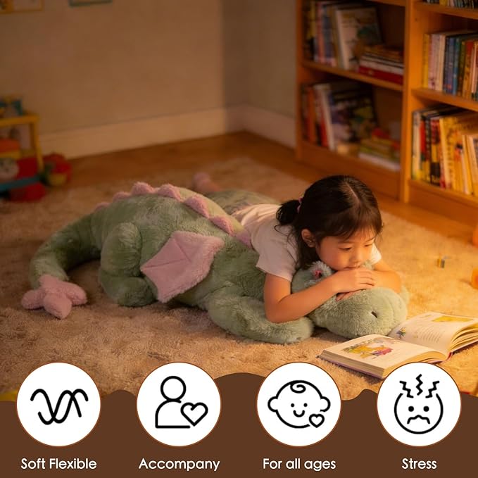 ARELUX Giant Weighted Winged Dragon Plush Toy - 35.4" 5lbs Soft Stuffed Animal, Pterosaur Plushie Fuzzy Dinosaur Pillow Plushies Cuddly Removable and Washable Matcha Green