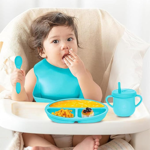100% Silicone baby feeding set,BPA free Baby dishes set with Suction Bowl Divided Plate,Toddler Self Feeding Dish Set with Spoons Forks Sippy Cup And Bib, Baby Eating Utensils (Cyan Blue)