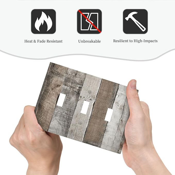 Natural Grey Wood Vintage Faux Wood Grain Decorative Switch Plates 3 Gang Wall Plate Triple Toggle Light Switch Cover Faceplate Electrical Wall Panels for Farmhouse Home Decor