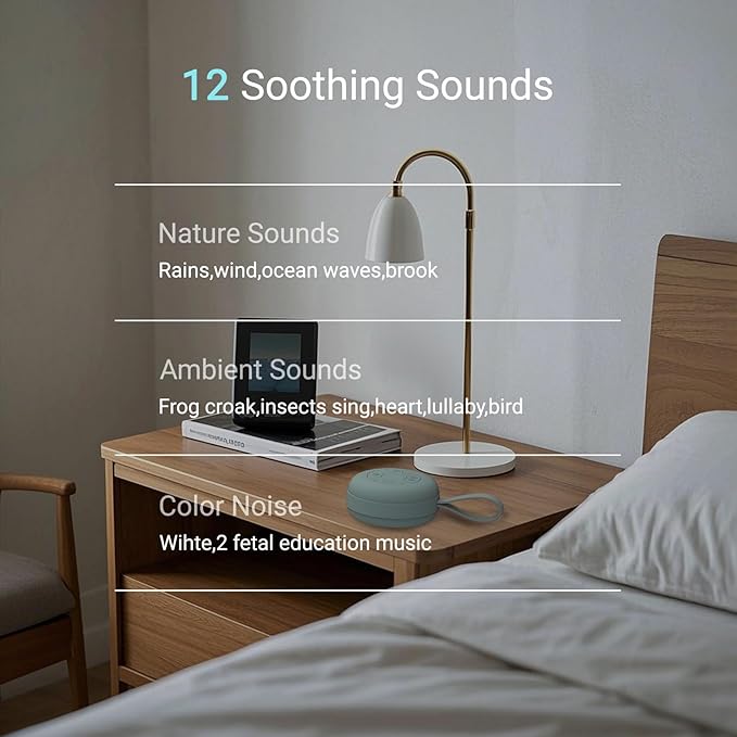 Portable Baby Sound Machine [White Noise for Babies Kids][Supports Bluetooth Audio Playback][Timer Function][12 Soothing Sounds] 15 Hours Battery Life, Travel,Shower,Clips on Baby Stroller.Slate