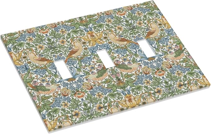 William Morris Strawberry Thrush Birds 3 Gang Light Switch Cover Vintage Floral Flowers Plant Triple Toggle Wall Plate Decorative Electrical Switchplates for Country Bedroom Kitchen Décor