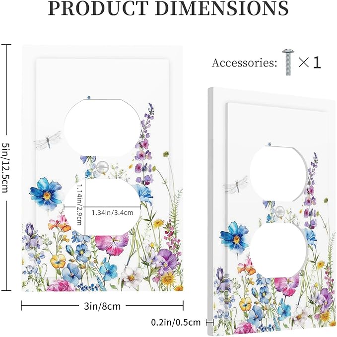 Outlet Covers Boho Colorful Flowers Plants And Dragonflies 1 Gang Duplex Light Switch Cover Electrical Receptacle Faceplate Wall Plate Decorative Switch Plates for Bedroom living Room Decor