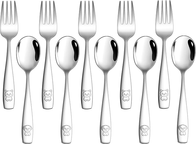 LIANYU 10 Pieces Toddler Silverware Set, Stainless Steel Kids Silverware Set, Metal Baby Utensils with Small Toddler Forks and Spoons, Children Safe Flatware with Cute Pattern, Dishwasher Safe