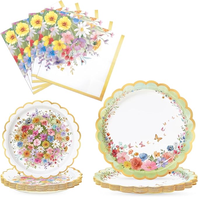 WERNNSAI Wildflower Party Decorations - 48PCS Floral Plates and Napkins Wildflower Tableware Set Spring Floral Party Supplies for Kids Girls Birthday Baby Shower Picnic Wedding Serves 16 Guests