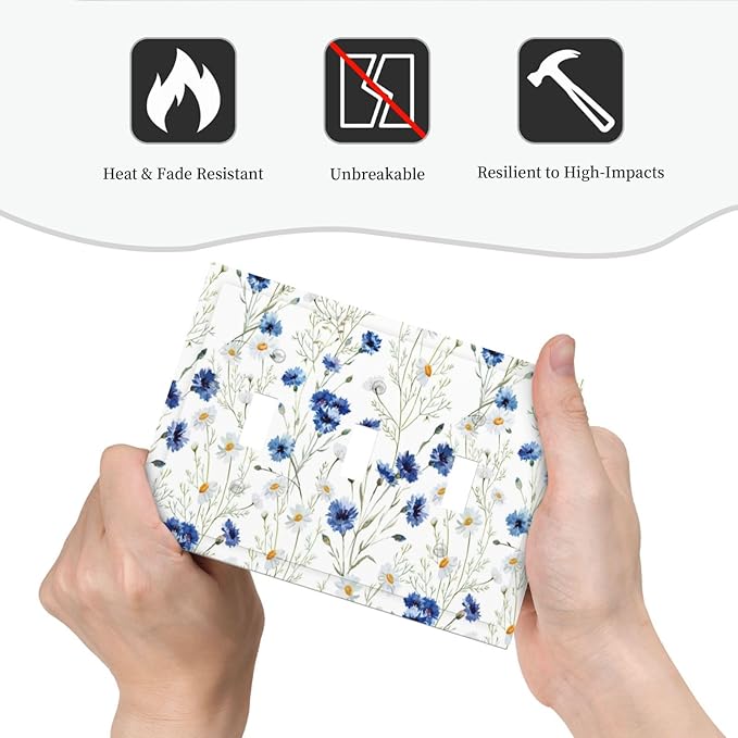 Light Switch Cover Plate Watercolor Daisy Blue Floral Vintage Plant 3 Gang Triple Toggle Decorative Switch Plates Wall Plates Electrical Switchplate Faceplate for Bedroom Home Decor