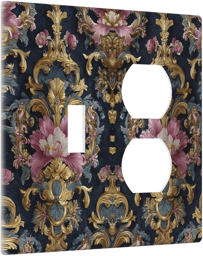 Decorative Outlet Covers Rococo Pink Floral Flower Gold Leaf 2 Gang Light Switch Cover Plate Single Toggle Duplex Wall Plates for Electrical Outlets Switch Plate Covers for Home Decor