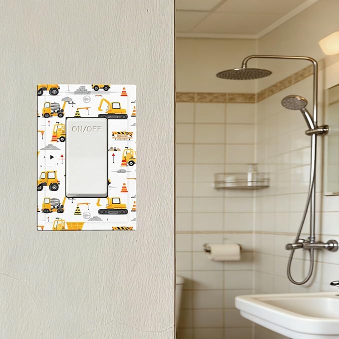 Construction Vehicles & Trucks Pattern Single Rocker Switch Cover - 1-Gang Standard US Size Little Builder's Dream Light Switch Covers for Boy's Bedroom Decor