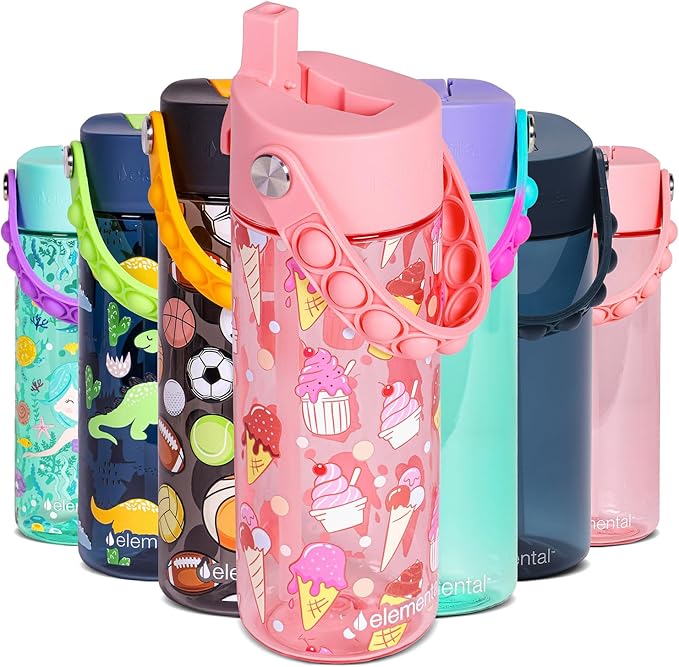 Elemental Water Bottles for Kids - Splash Kids Water Bottle for School with Pop-it Handle - BPA Free Tritan Plastic Water Bottle with Straw Leak Proof when Spout is Closed - Ice Cream - 18oz