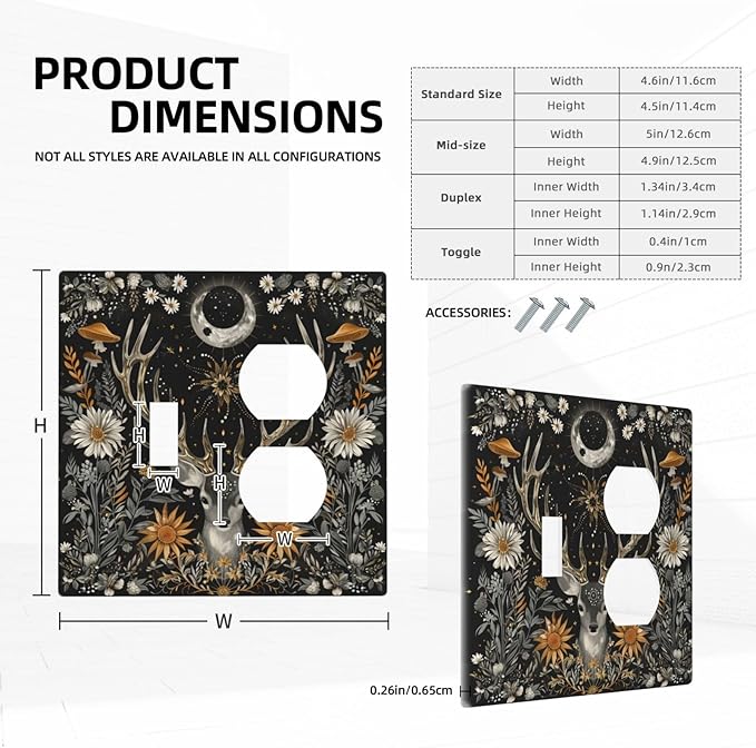 Light Switch Cover Plate Vintage Deer Flowers Moon Natural Plants Floral 2 Gang Decorative Switch Plates 1 Toggle Duplex Combo Outlet Covers GFCI Wall Plates for Bathroom Bedroom Decor