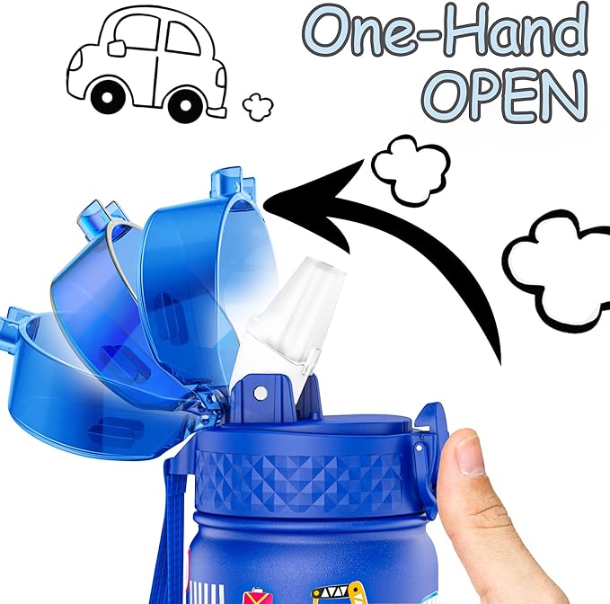 Kids Water Bottle, GOPPUS 18 oz Insulated Water Bottle with Straw, Double Vacuum Leakproof, BPA Free, for Boys and Girls, Blue Construction Truck