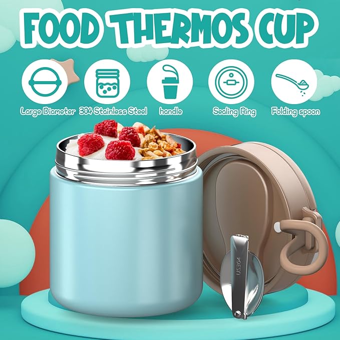 Thermo for Hot Food Kids - 15.2oz, Leak Proof Insulated Food Jar, Soup Thermo, Insulated Lunch Containers, Termos Para Comida Caliente, Wide Mouth Lunch Box with Folding Spoon and Handle