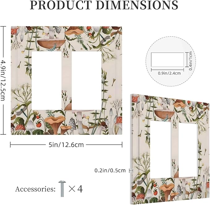 Boho Mushroom Forest Plants Wildflowers Insects Decorative Outlet Covers 2 Gang Double GFCI Rocker Electrical Wall Panels Light Switch Cover Plate for Kids Room Home Decor