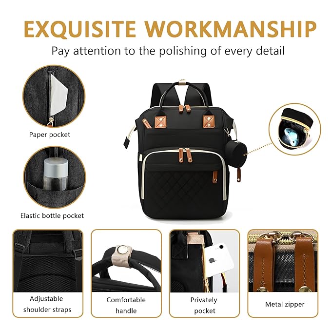 GurZinn Diaper Bag Backpack with Changing Station Portable 3 in 1 Multifunction Backpack Travel mommy bag Stroller Black