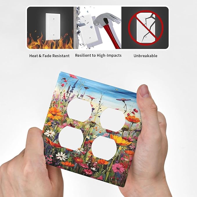 Colorful Wildflowers Painting Floral Flower Outlet Covers 2 Gang Double Duplex Decorative Light Switch Covers Electrical Wallplates Socket Faceplate for Bedroom Living Room Decor