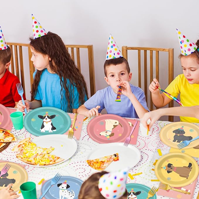 96Pcs Pet Dog Birthday Party Supplies Retro Puppy Themed Paper Plates Napkins Vintage Puppy Face Party Tableware Disposable Pet Dinnerware Decoration Set for Kids Birthday Baby Shower Table Decor