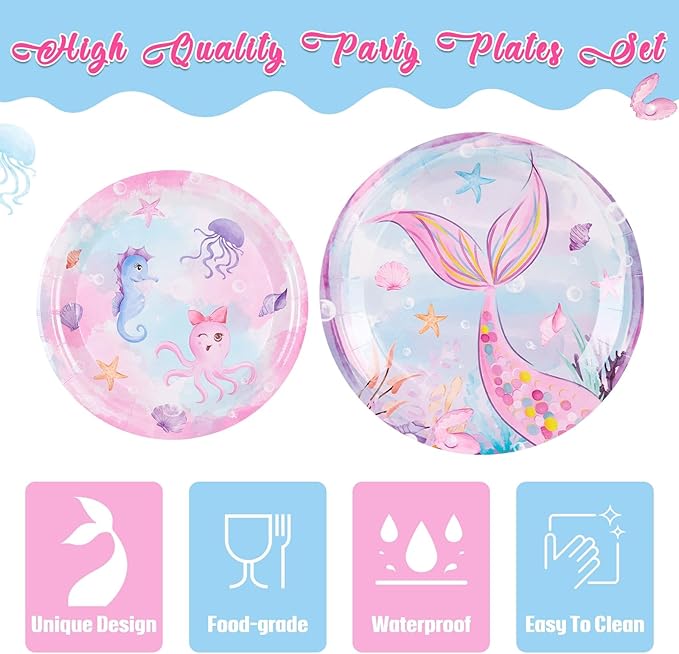 WERNNSAI Mermaid Paper Plates - 100 PCS Mermaid Birthday Decorations Under The Sea Party Tableware Plate for Girls Baby Shower Pool Beach Picnic Park Party Serves 50 Guests